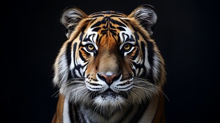 Tiger Portrait Striking Gaze with Vivid Orange and Black Stripes on Black