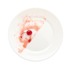 Dirty plate isolated on white, top view