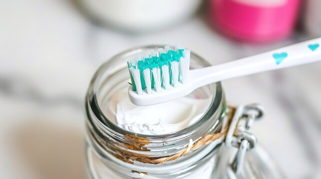 Aesthetic Close-Up of Natural Toothpaste in a Jar with a Toothbrush Detail