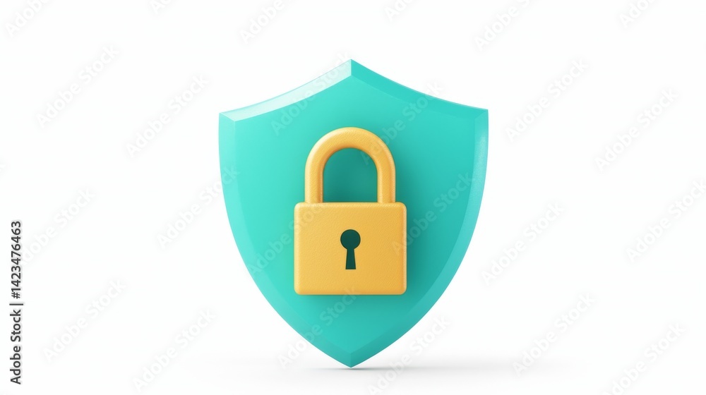 Poster flat design shield icon featuring a gold padlock in turquoise color representing security