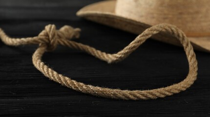 Lasso made of cotton rope and straw hat on black wooden background, closeup