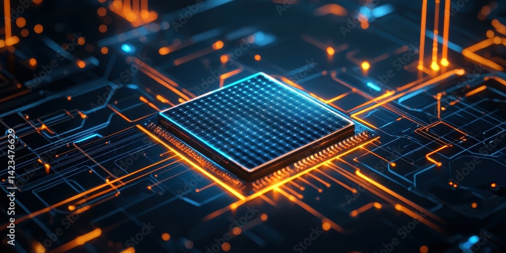 Poster close-up of an illuminated microprocessor on a circuit board, showcasing intricate designs.