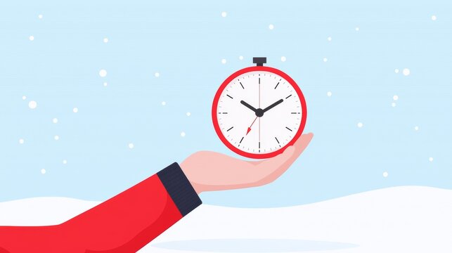 Hand Holding Red Stopwatch in a Snowy Winter Landscape