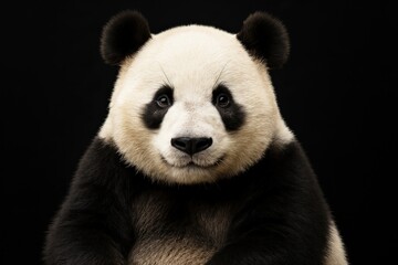 Obraz premium Gentle Panda Portrait with Intense Gaze on Black Background, embodying serenity and connection in a studio shot, capturing the panda's soulful eyes