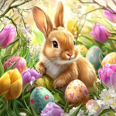 Adorable Fluffy Bunny Hopping Among Colorful Easter Eggs and Vibrant Flowers in a Dreamlike Spring Scene