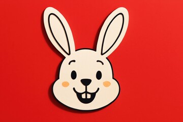 Obraz premium Happy Cartoon Rabbit Portrait Cutout on Red Background, Cute Easter Bunny with Cheerful Smile for Holiday Greetings and Children's Designs