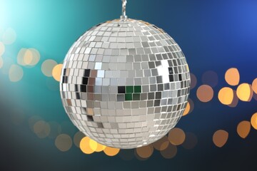 Shiny disco ball on color gradient background with blurred lights