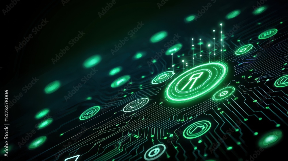 Poster abstract digital circuit board with glowing security icons in green.