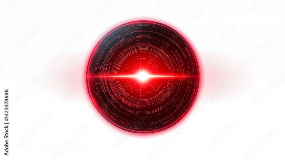 Poster vivid red radar screen design featuring circular patterns and central bright light