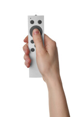 Woman with remote control on white background, closeup