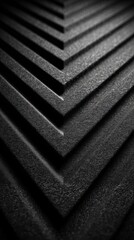 Close-up view of acoustic foam panels with textured triangular pattern used for soundproofing in recording studios and music rooms with dark grey color