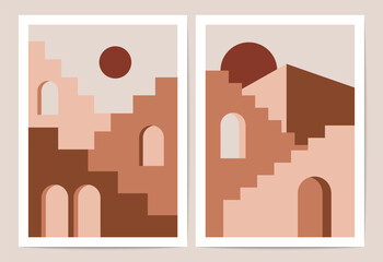 Abstract boho houses. Geometric architecture stairs windows doors, minimal modern house building with mid century stairway. Vector contemporary staircase poster set