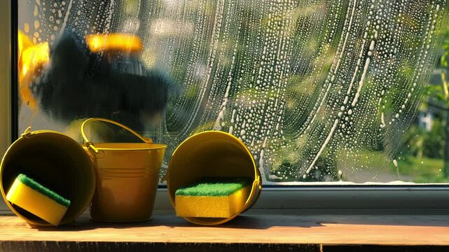 Spring cleaning washing windows with soapy suds
