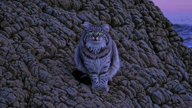 Pallas's cat sits majestically on dark rocks near the shore, gazing at bioluminescent waves gently lapping against the coast during twilight