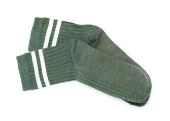 Pair of green socks isolated on white, top view