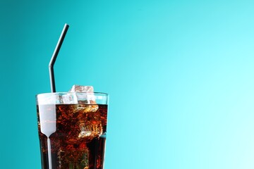 Refreshing cola with ice cubes and straw in glass on turquoise gradient background, closeup. Space...
