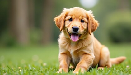 Golden Retriever puppy, playful pose, ears up , sitting, adorable