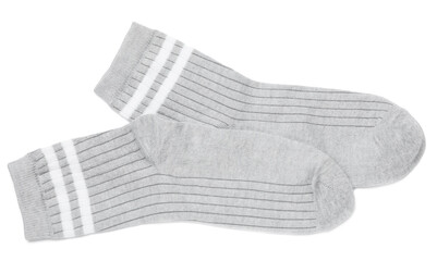 Pair of grey socks isolated on white, top view