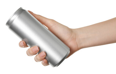 Woman with tin can on white background, closeup