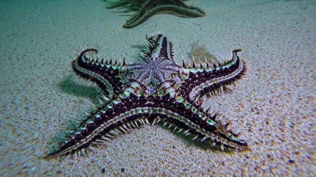 Venomous crown-of-thorns starfish crawling across seabed, displaying intricate patterns and unique movement in underwater marine ecosystem