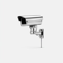 Close-up of a modern silver security surveillance camera mounted on a white background for outdoor security monito and video surveillance system