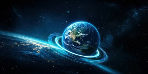Obraz premium A breathtaking view of Earth surrounded by glowing rings in a cosmic setting.