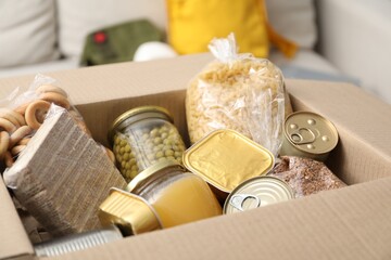 Survival kit. Different food products in box indoors, closeup