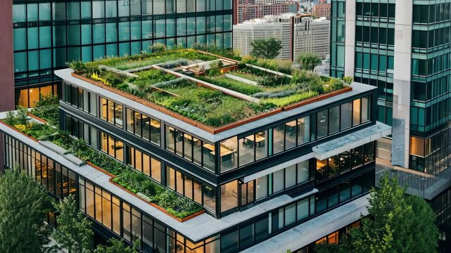 Modern urban rooftop garden office building.