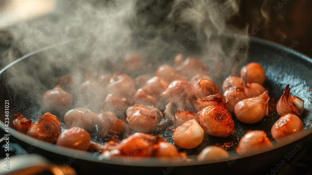 Poster an inviting image of shallots caramelizing in a pan, with golden brown colors and a hint of steam ri