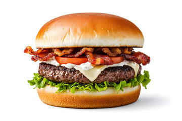 Appetizing burger with  juicy beef, crispy bacon, and the creamy sauce isolated on white
