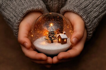 Snow globe held gently, showcasing miniature tree and cozy house