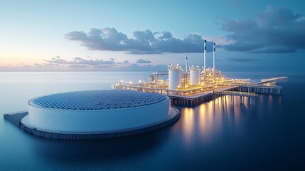 Sunset View of an Industrial Gas Facility with Storage Tanks and Liquid Pipeline Over Calm Ocean Water