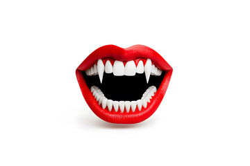 Fototapeta premium Vampire female mouth with sharp teeth and red lips isolated on white