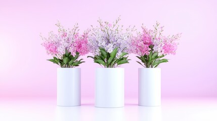 Fototapeta premium Three vases of pastel flowers on a pink backdrop