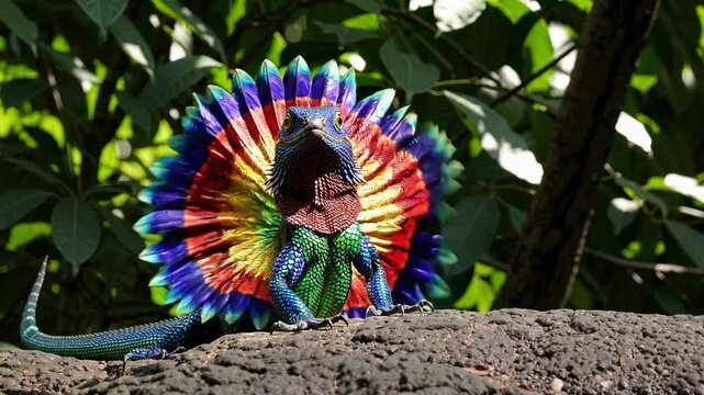 Rainbow agama lizard, also known as red-headed agama, displaying its vibrant and colorful frill in a mesmerizing sequence, perched on a rock against a backdrop of lush green foliage