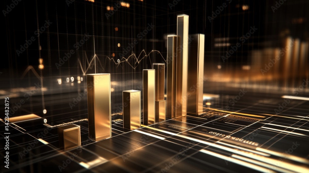Poster a d bar chart with metallic, gradient bars rising from a financial graph, showing growth and progres