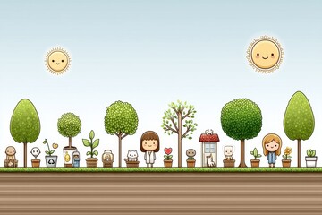 A pixel art Earth Day park with tiny characters planting trees, recycling, and smiling suns overhead