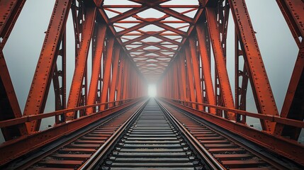 Railway bridge leading to a bright horizon.