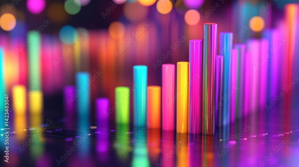 Poster a d bar graph with tall, glossy pillars in various colors rising from a reflective surface, symboliz