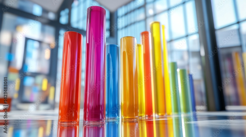 Poster a d bar graph with tall, glossy pillars in various colors rising from a reflective surface, symboliz
