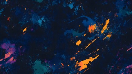 Abstract painting with vibrant, splatter patterns in a dark palette.