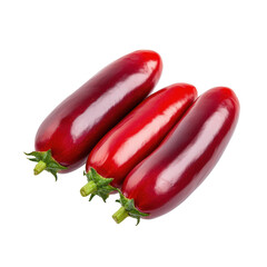 Three fresh glossy red eggplants with green caps arranged on transparent background for healthy vegetable and culinary ingredient display.