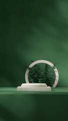 3d render empty mockup green color block and cylinder podium in portrait circular backdrop