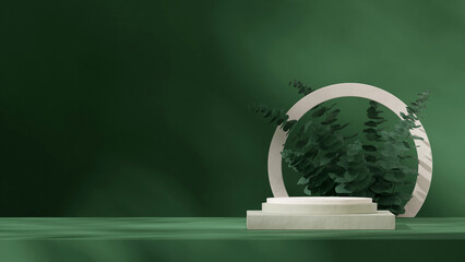3d render empty mockup green color block and cylinder podium in landscape circular backdrop