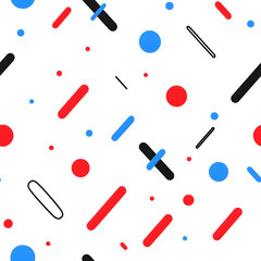 Seamless geometric pattern with solid black organic irregular shapes chaotically scattered, black red and blue colors,  isolated on white background 
