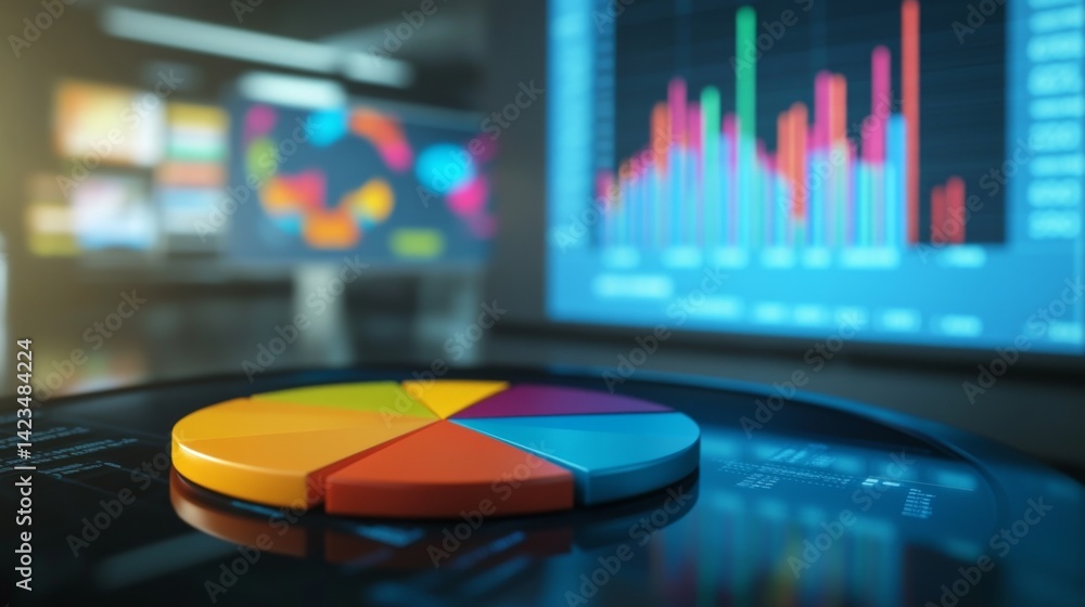 Poster a d pie chart visualizing market share data, with vibrant segments and percentages, displayed on a l