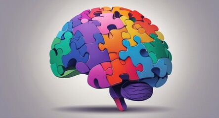 A human brain constructed from colorful jigsaw puzzle pieces, symbolizing the complexities of the mind and neurological diversity 