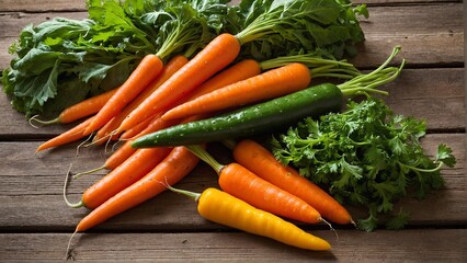 Vibrant bounty of fresh carrots, cucumber, and parsley on a rustic wooden surface, perfect for a healthy and colorful meal.