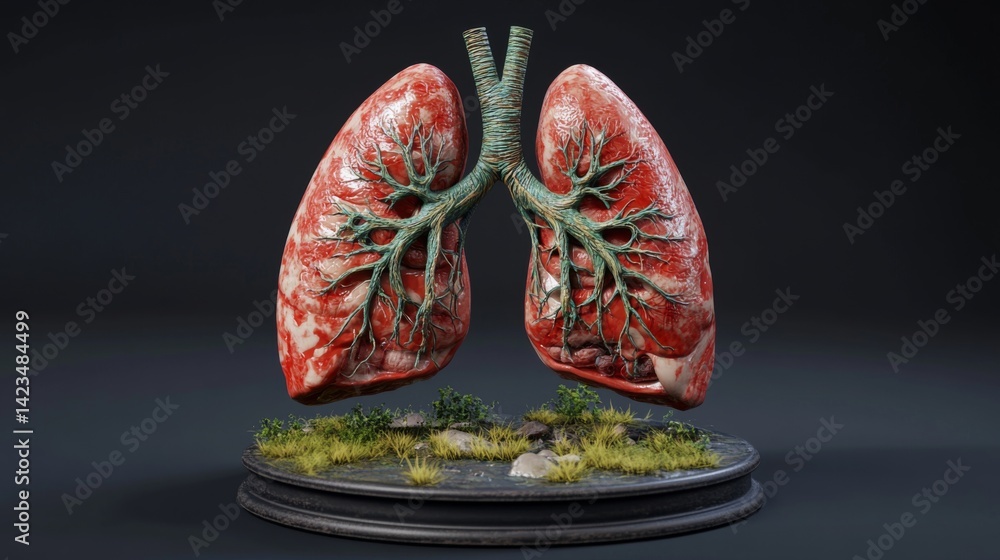 Aufkleber A D rendering of a pair of human lungs with detailed bronchi and alveoli, isolated on a dark background, highlighting the respiratory system