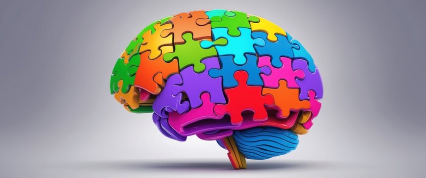 A human brain constructed from colorful jigsaw puzzle pieces, symbolizing the complexities of the mind and neurological diversity 